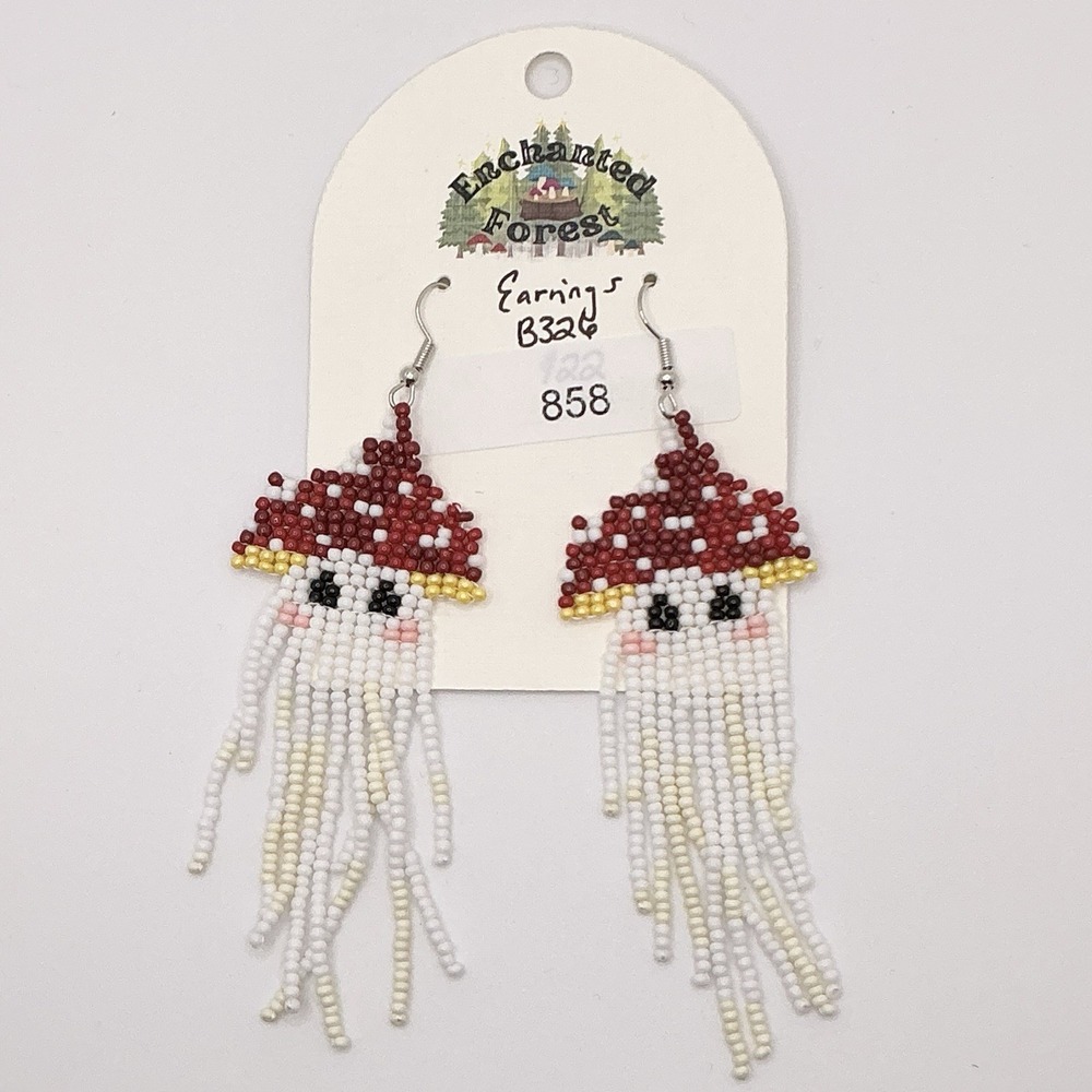 Forrest Ghost Mushroom Seed Bead Earrings Boho Fringe Dangle Tassel Long Unique